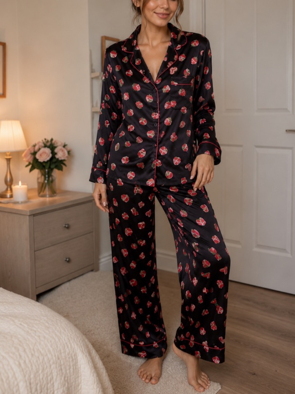 Victoria’s Secret Glazed Satin Strawberry Heart Pajama Set 54789